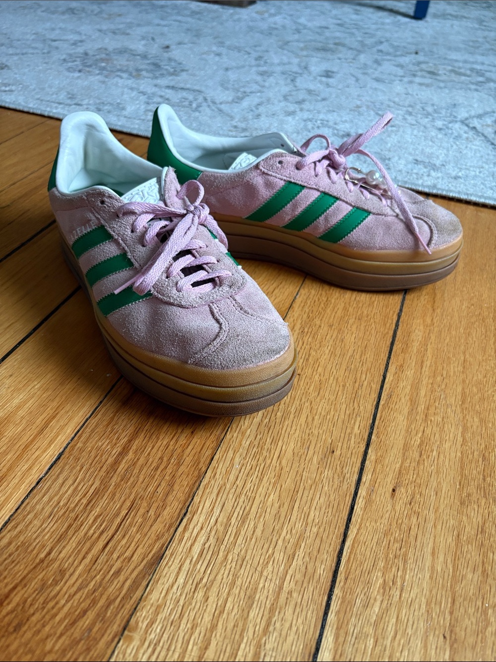 adidas Gazelle Bold Pink Suede Platform Sneakers with Green Stripes